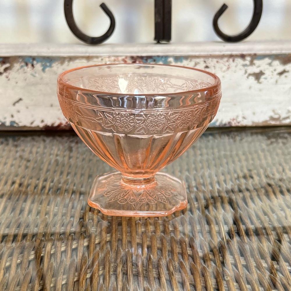 Jeanette Depression Glass Pink Adam Floral Etched Molded 1930’s Ice Cream Dish